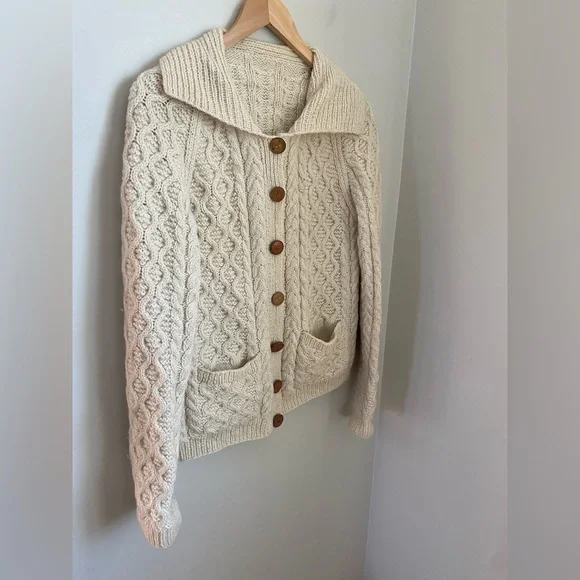 Hand Knit Cottagecore Fisherman Cardigan Cream Sz Medium Grandmacore Cable Knit - Picture 3 of 10